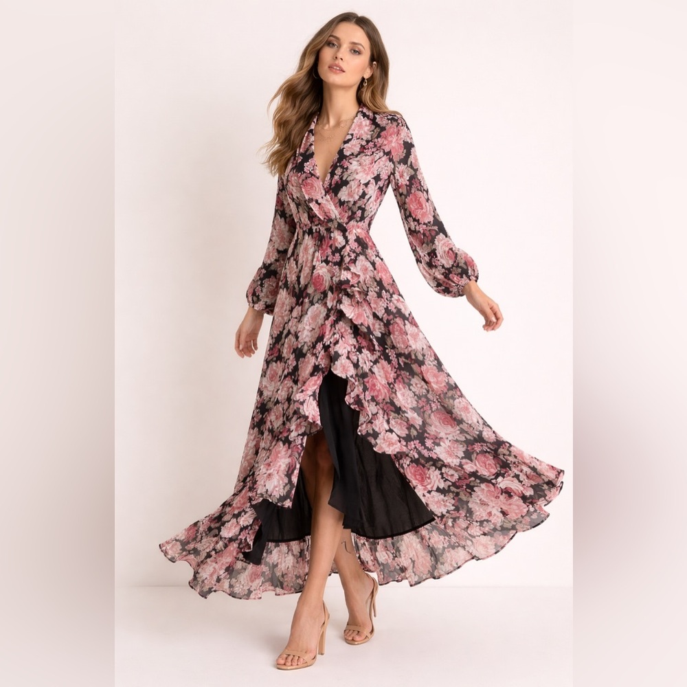 Bardot Justine Floral Wrap Maxi Dress Black Pink Roses Ruffle Hem Cottagecore 6